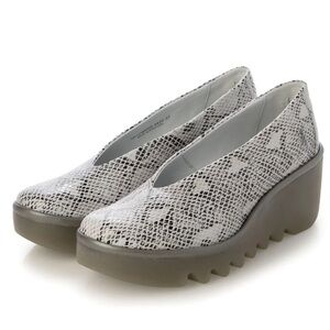 Fly London White Snake-Print Wedge Loafers with Gray Soles